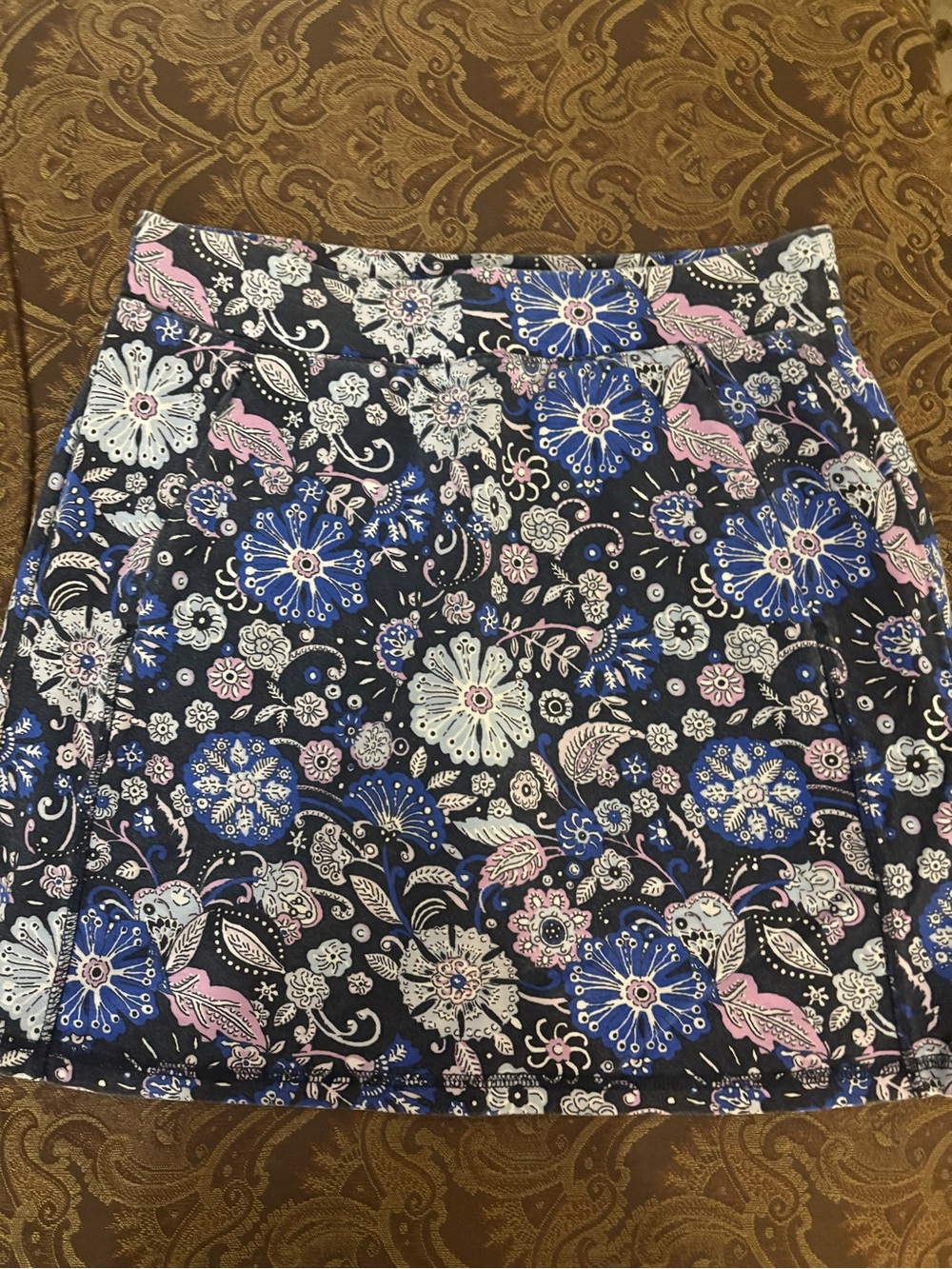 Talbots Black Floral Print Skort with Blue and Pink Accents